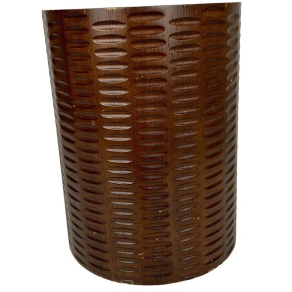 Textured Wooden Waste Basket Echo African Queen Brown Cylinder Trash Can - Picture 3 of 7